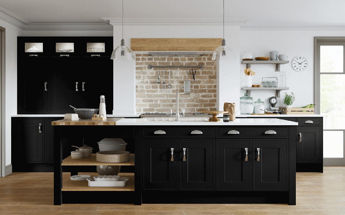 Dewsbury Black In-frame Effect Kitchen with Brick Chimney