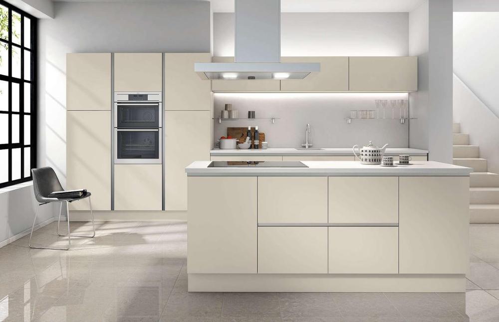MFC flat slab door kitchen with island hob, white worktops, open glass shelves in Senza Mussel style