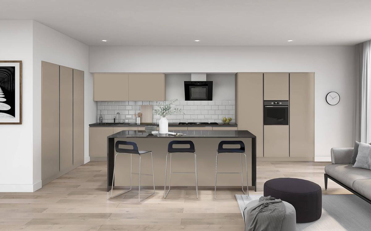 Lucca Stone Grey kitchen featuring a feature island, black worktops, three stools, and tall bank of units with oven