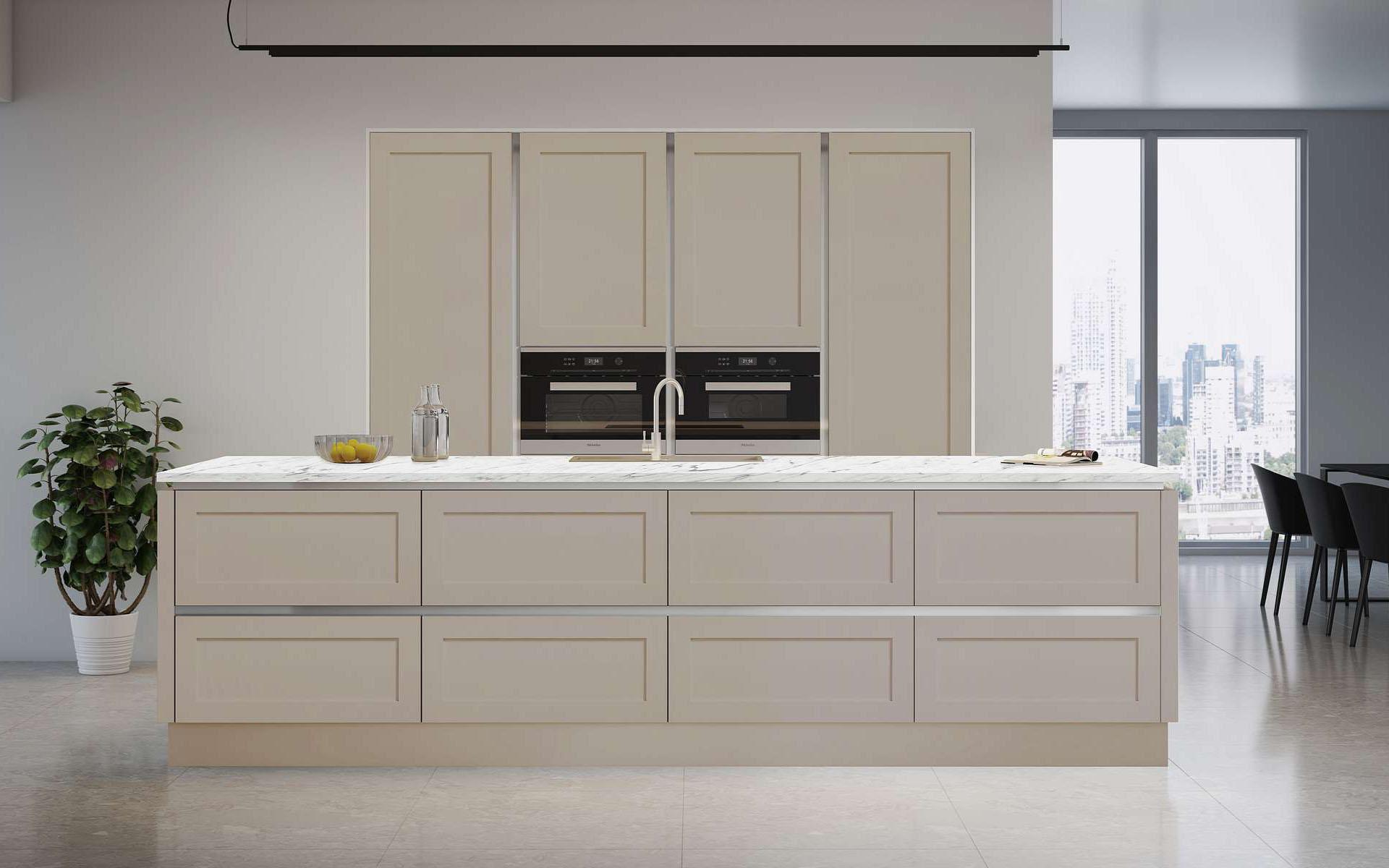Open plan kitchen with island, white grey veined quartz worktops, recessed tall units in True Handleless Shaker Door Details Stone Grey style.