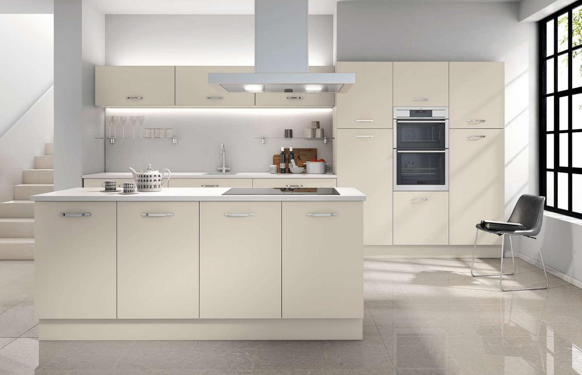 Cost-effective MFC edged door kitchen with island, bank of tall units, and bridging units above base units in Metro Mussel style