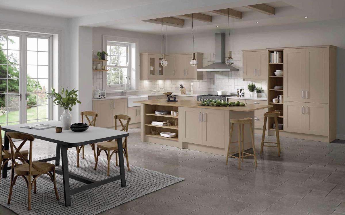 Open plan kitchen and dining area with modern cabinetry in Darlington Stone Grey style