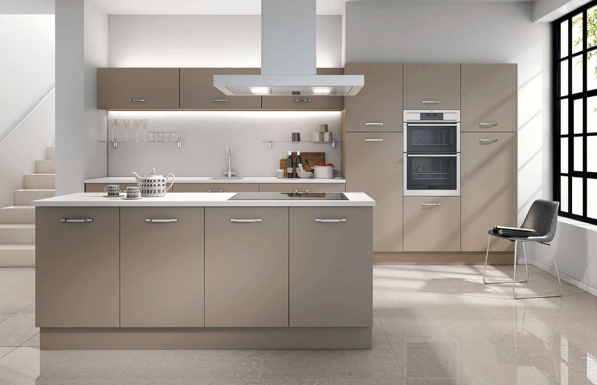 Cost-effective MFC edged door kitchen with island, bank of tall units, and bridging units above base units in Metro Stone Grey style