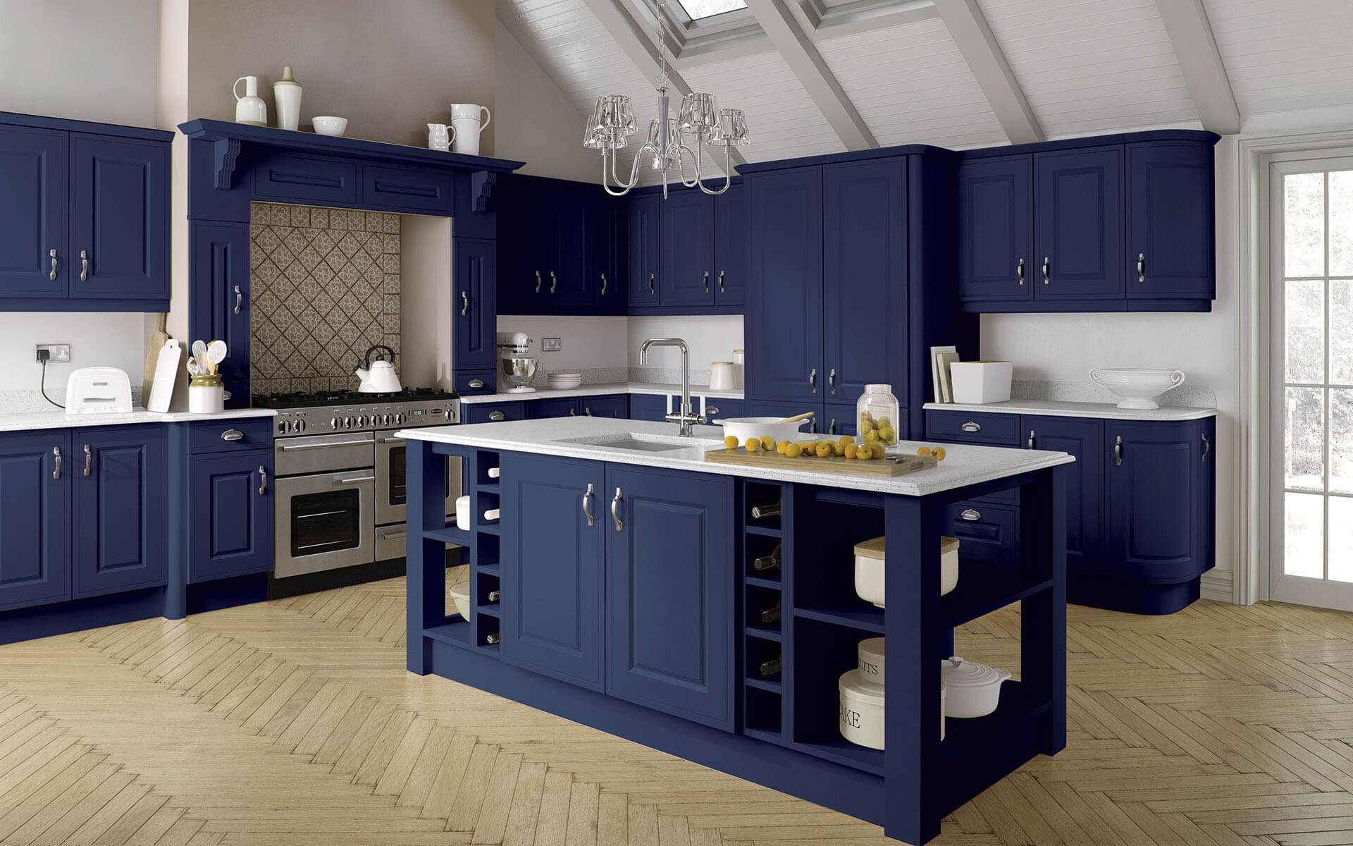 Helmsley Marine Blue In-Frame Effect Kitchen with Overmantle Chimney Feature