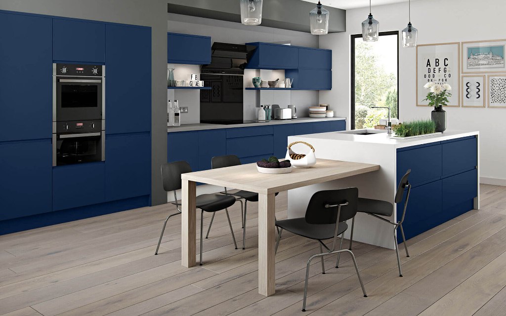 Marino Blue Handleless kitchen With Build In Fridge and Freezer