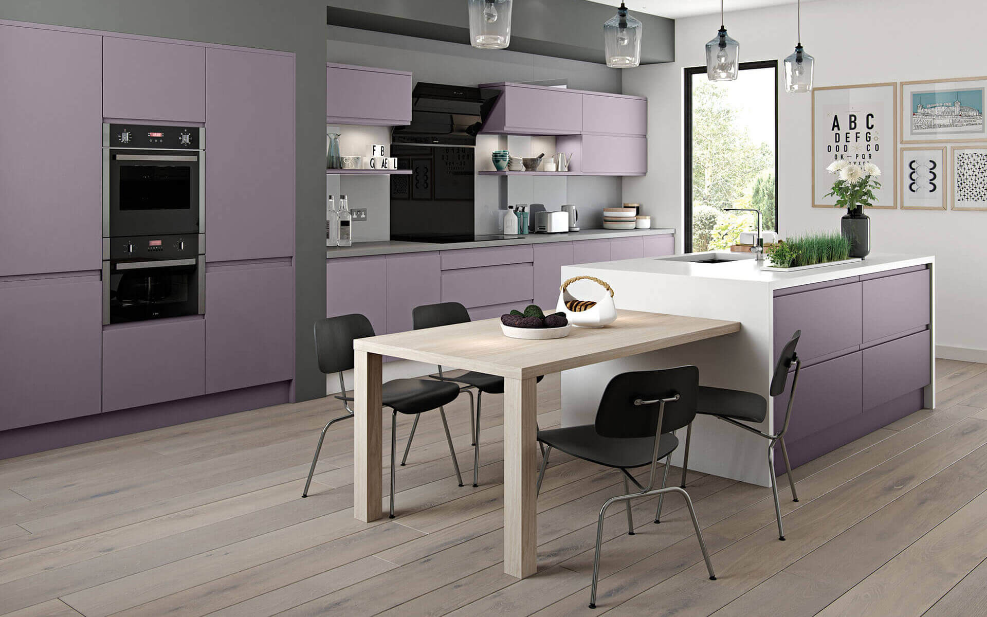 Velluto Lavender Handleless Kitchen with Waterfall Worktop Island Feature with Built-In Table - Better Kitchens
