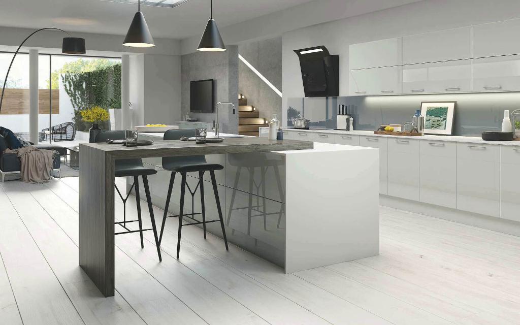 L Shape Kitchen Island in Treviso Light Grey Gloss Modern Kitchen - Better Kitchens