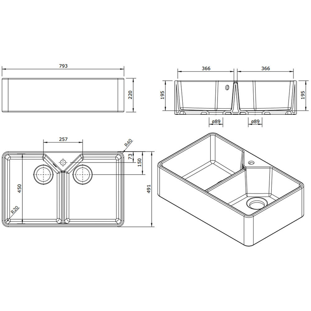 800mm Double Belfast Sink & Cascade Copper Tap Pack Sink Dimensions
