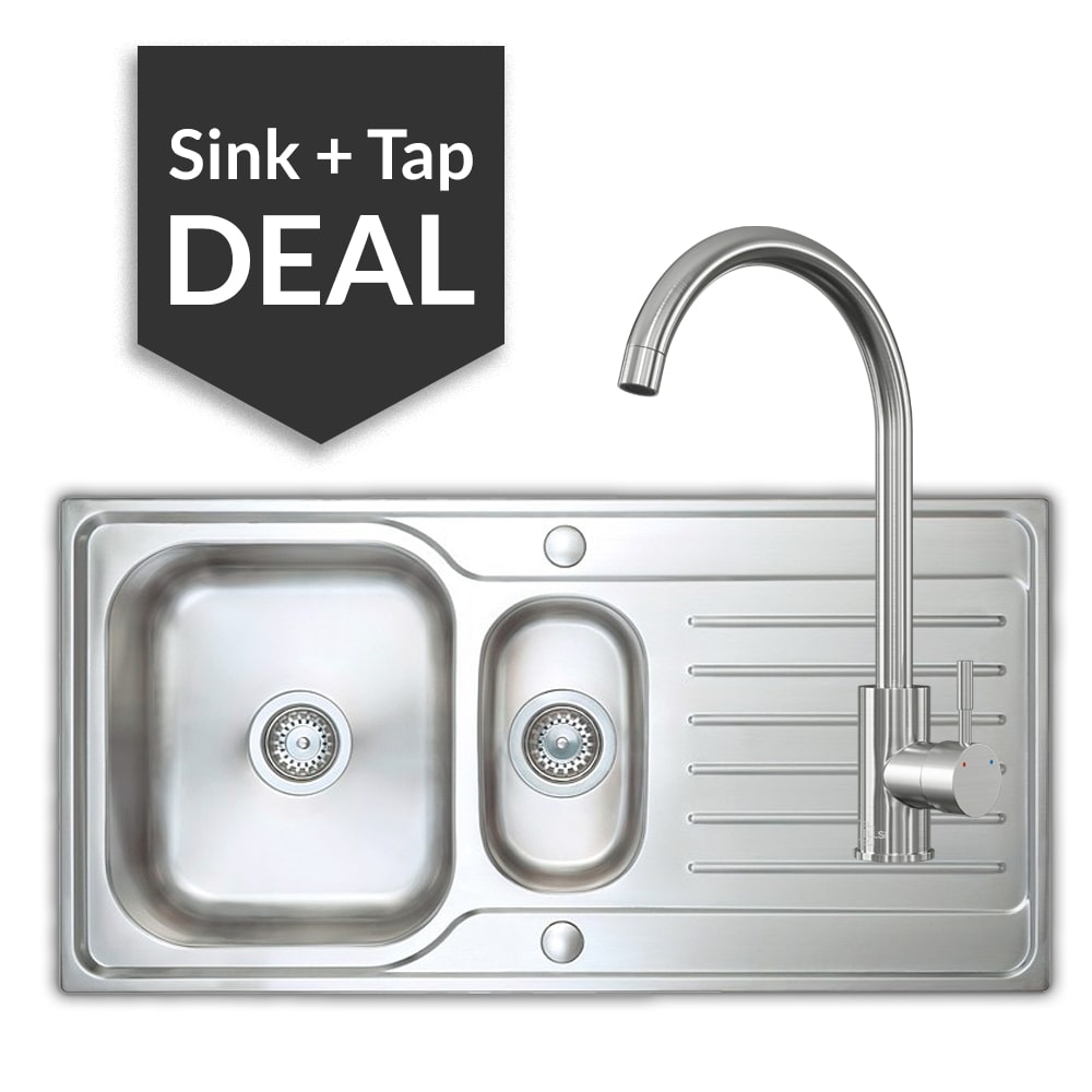 Premium Stainless Steel 1.5 Bowl Sink & Varone Brushed Steel Tap Pack