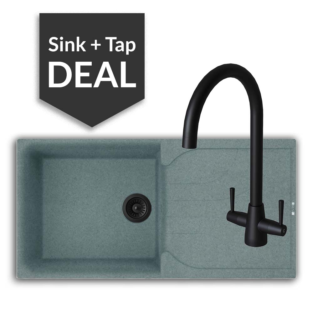 Quartz Titanium Large Single Bowl Sink & Cascade Matte Black Tap Pack