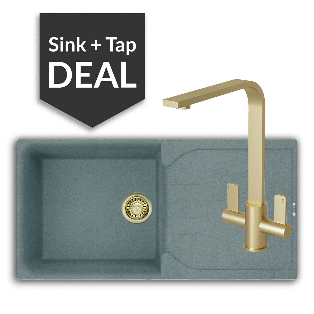 Quartz Titanium Large Single Bowl Sink & Mesa Brass Tap Pack