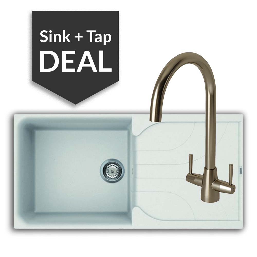 Quartz White Large Single Bowl Sink & Cascade Brushed Steel Tap Pack