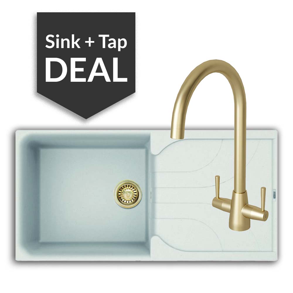 Quartz White Large Single Bowl Sink & Cascade Brass Tap Pack