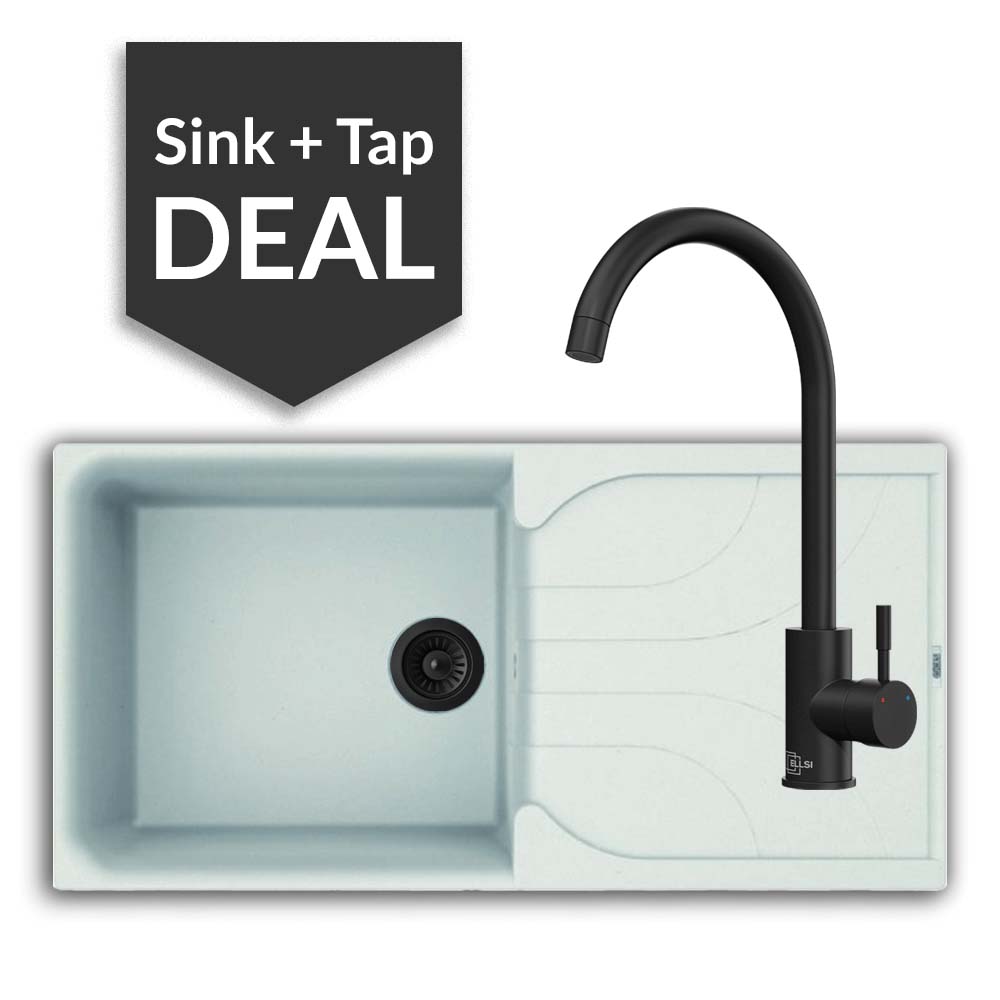 Quartz White Large Single Bowl Sink & Varone Matte Black Tap Pack