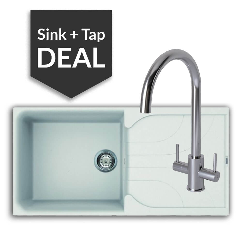 Quartz White Large Single Bowl Sink & Apsley Chrome Tap Pack