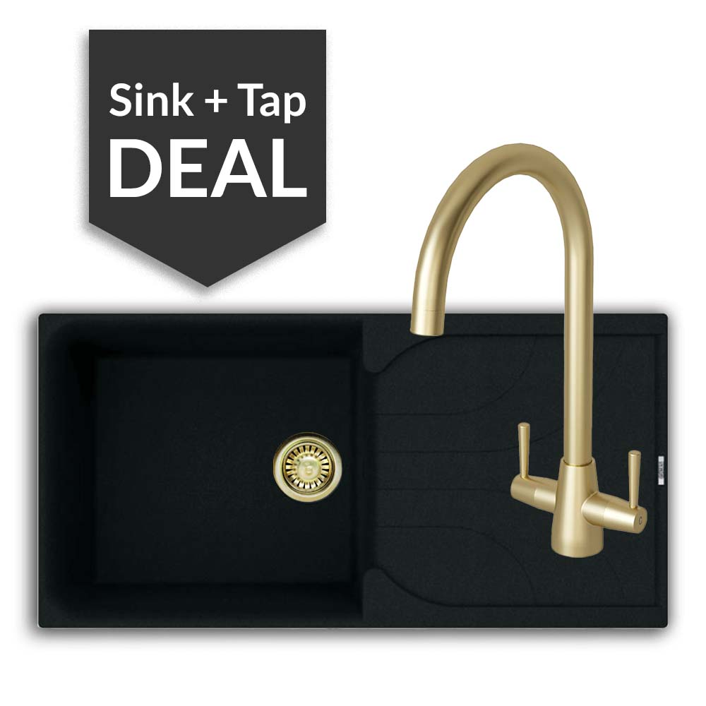Quartz Black Large Single Bowl Sink & Cascade Brass Tap Pack