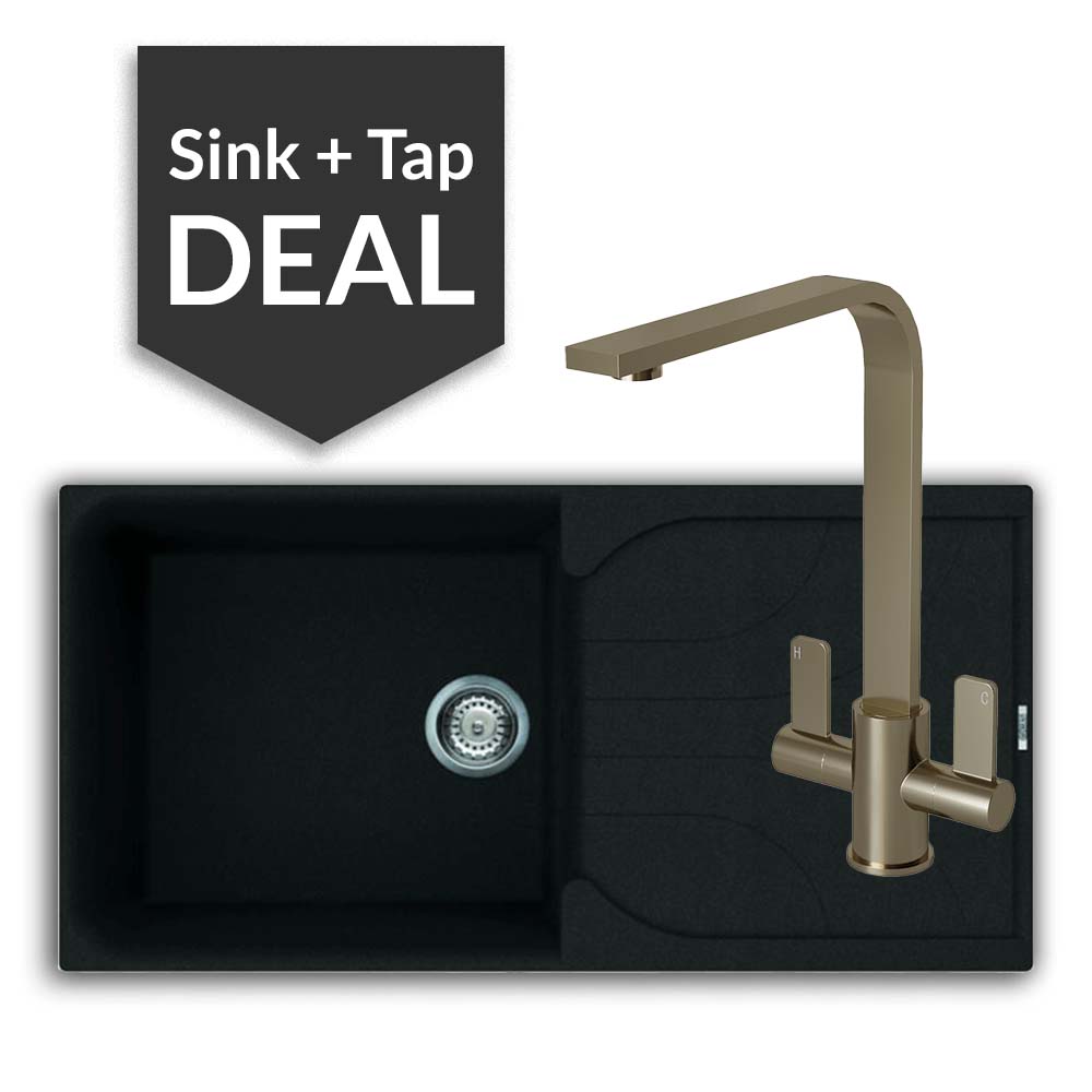 Quartz Black Large Single Bowl Sink & Mesa Brushed Steel Tap Pack