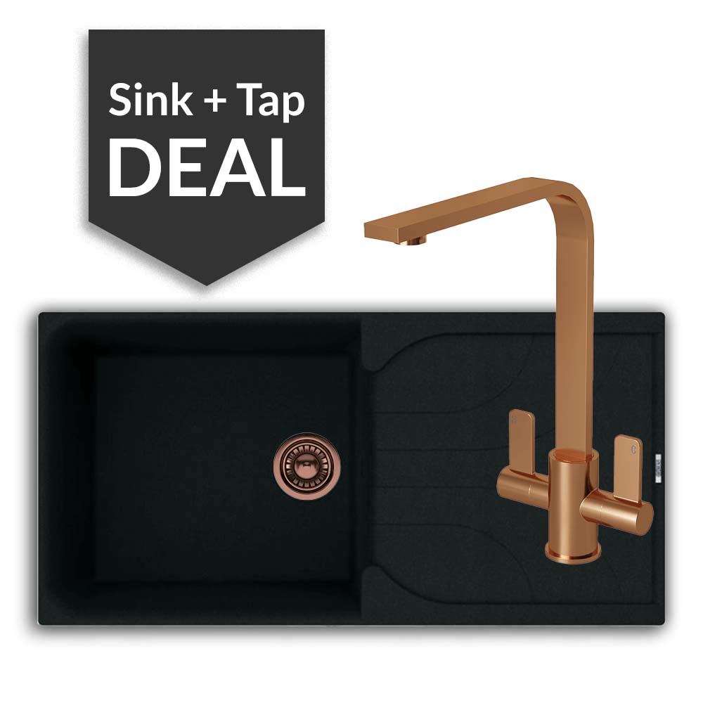 Quartz Black Large Single Bowl Sink & Mesa Copper Tap Pack