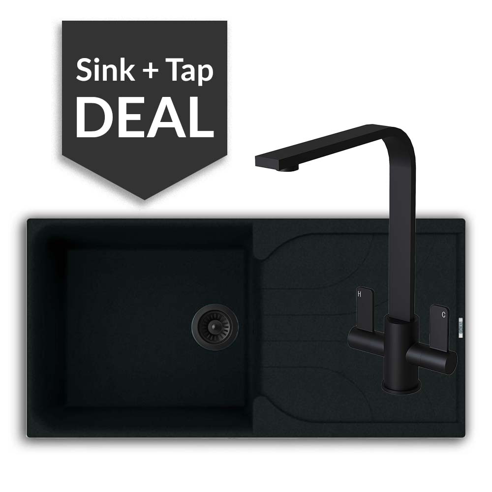 Quartz Black Large Single Bowl Sink & Mesa Matte Black Tap Pack