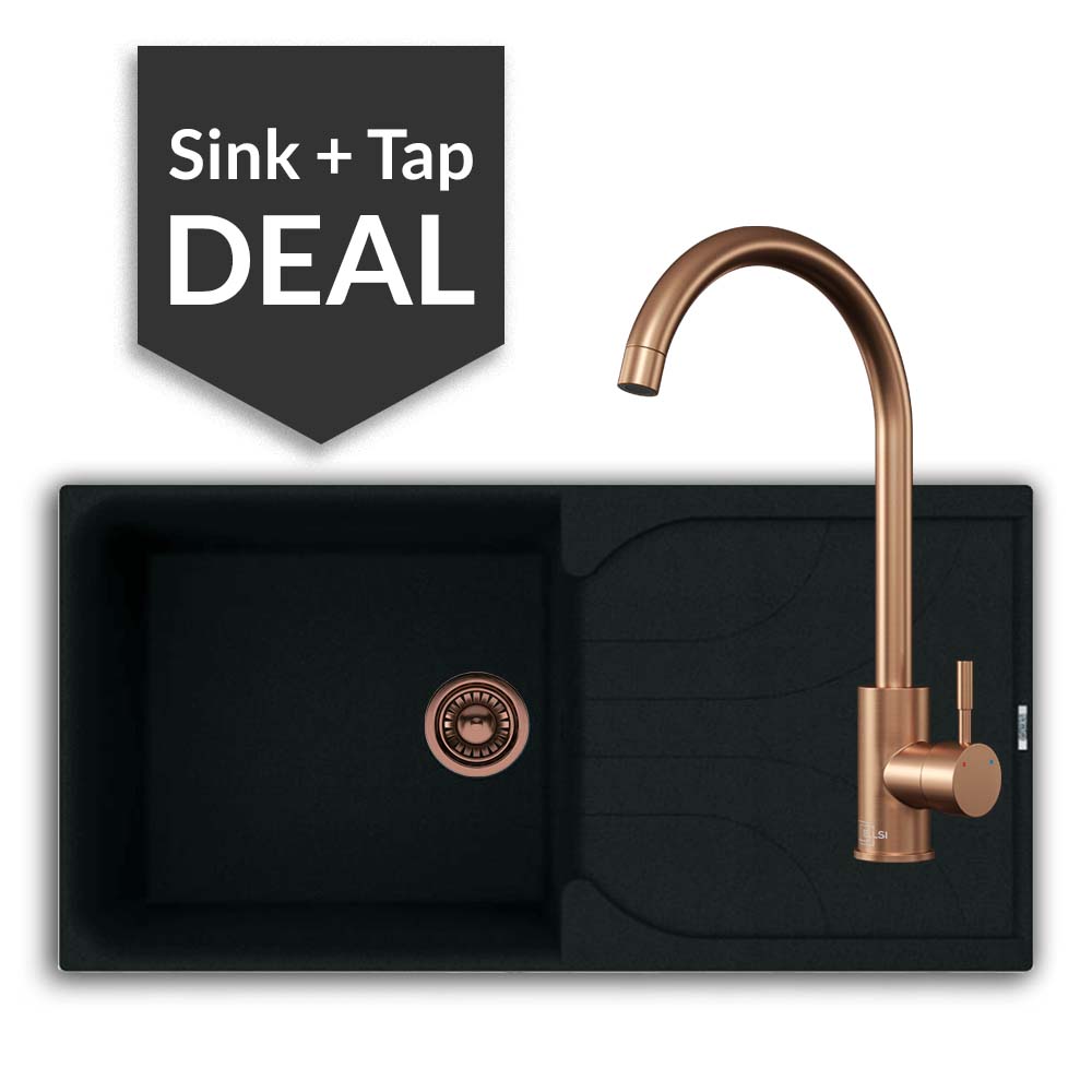 Quartz Black Large Single Bowl Sink & Varone Copper Tap Pack