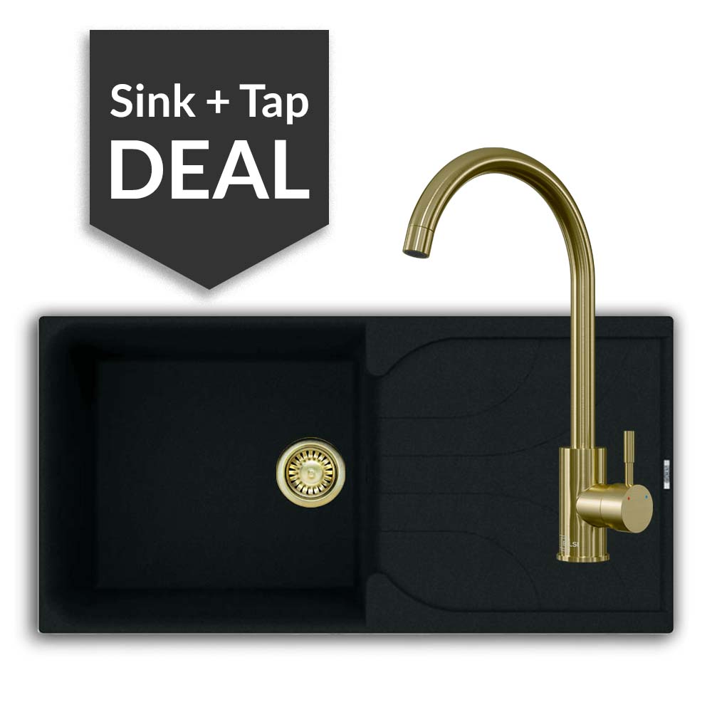 Quartz Black Large Single Bowl Sink & Varone Brass Tap Pack