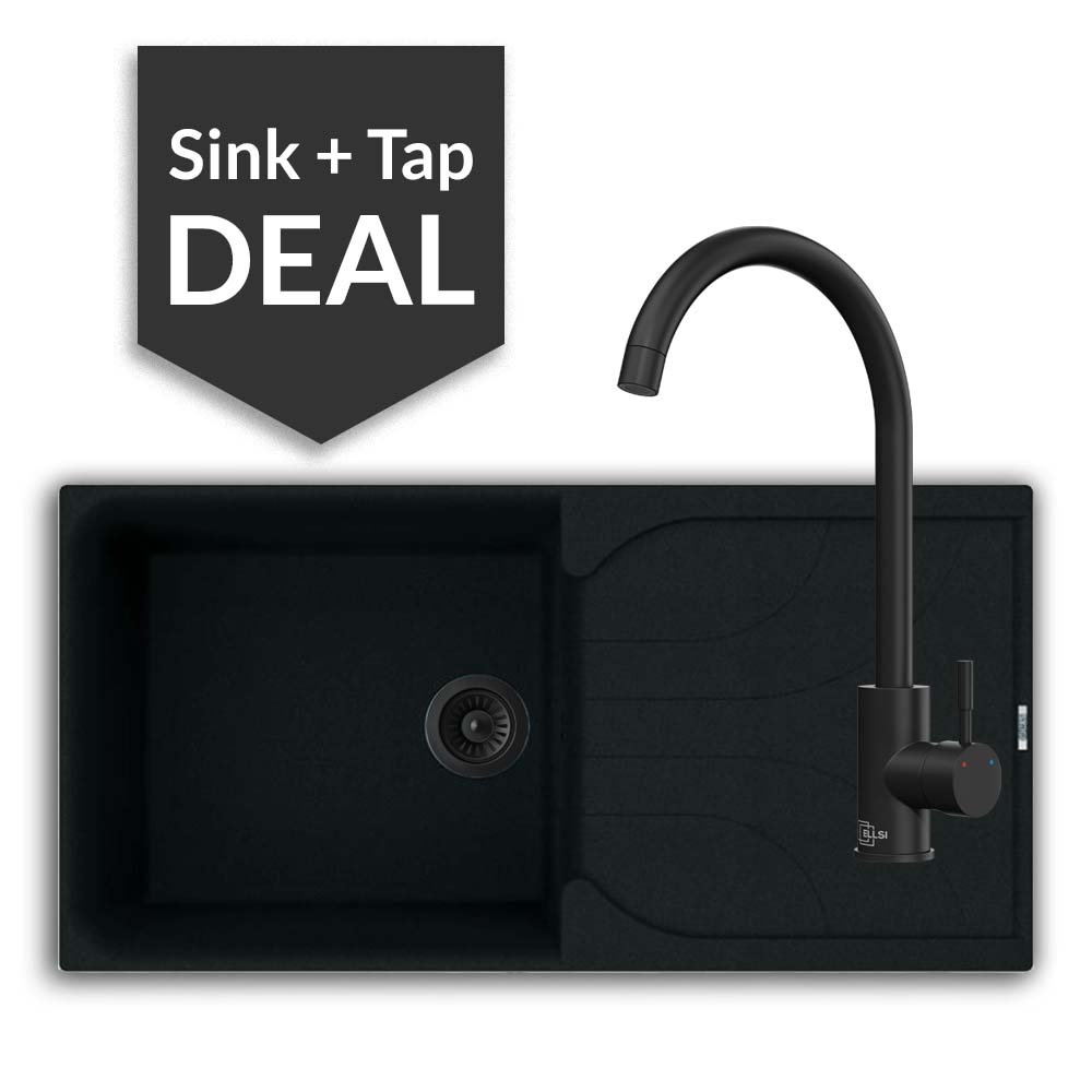 Quartz Black Large Single Bowl Sink & Varone Matte Black Tap Pack