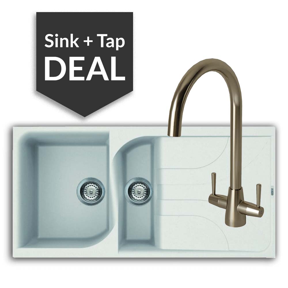 Quartz White 1.5 Bowl Sink & Cascade Brushed Steel Tap Pack