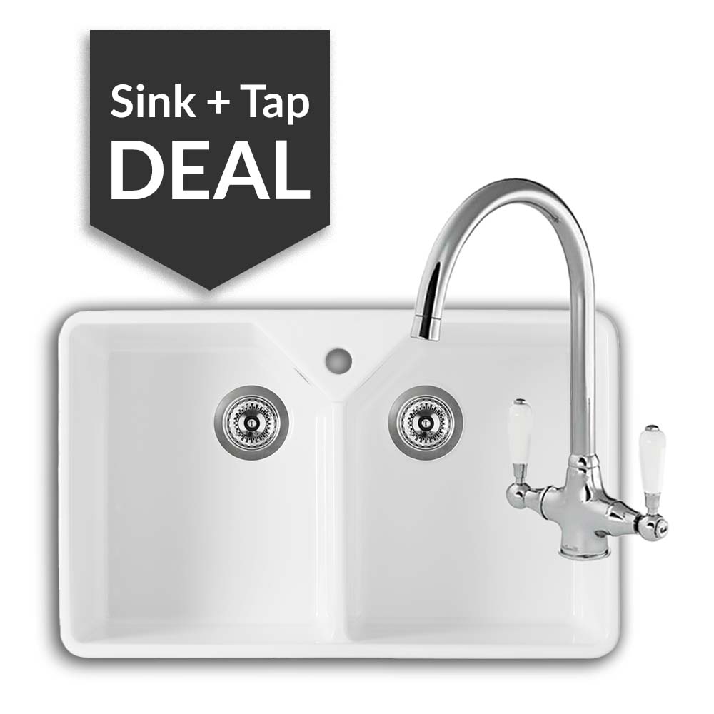 800mm Double Belfast Sink & Belmore Chrome Tap Pack