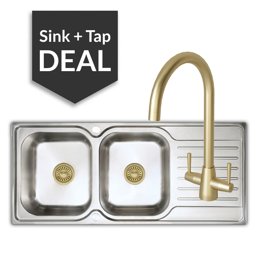 Premium Stainless Steel 2 Bowl Sink & Cascade Brass Tap Pack