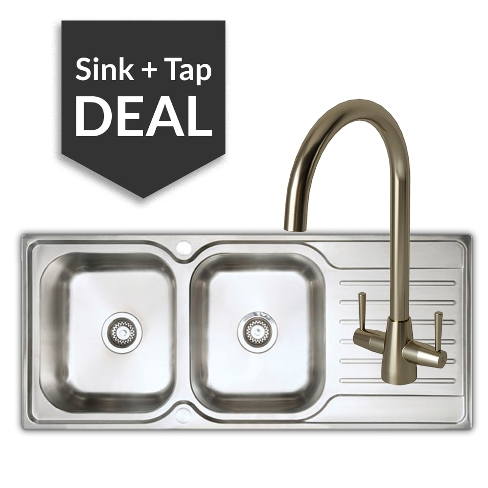 Premium Stainless Steel 2 Bowl Sink & Cascade Brushed Steel Tap Pack