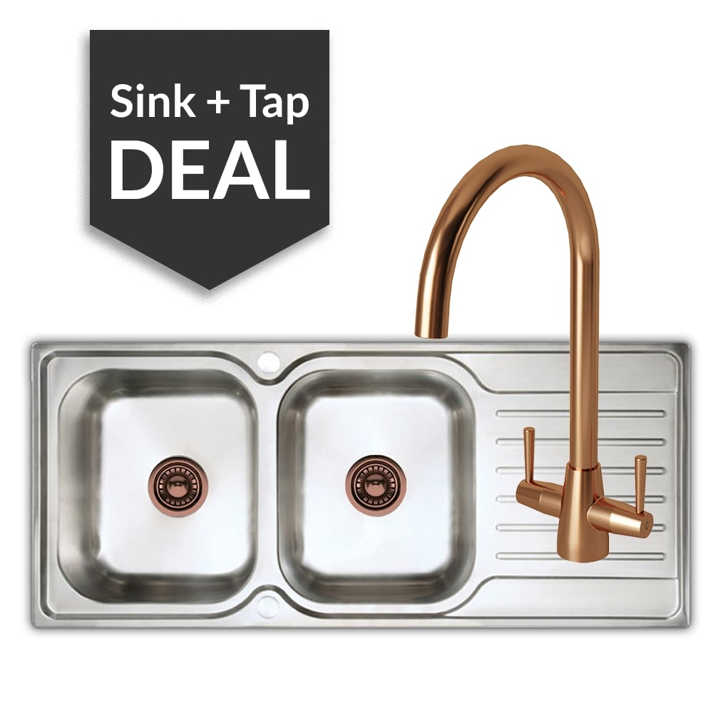 Premium Stainless Steel 2 Bowl Sink & Cascade Copper Tap Pack