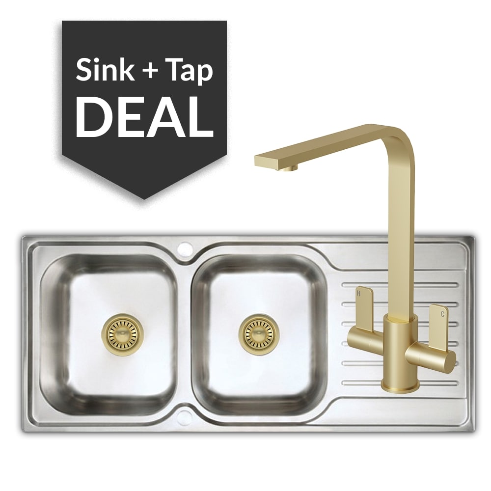 Premium Stainless Steel 2 Bowl Sink & Mesa Brass Tap Pack