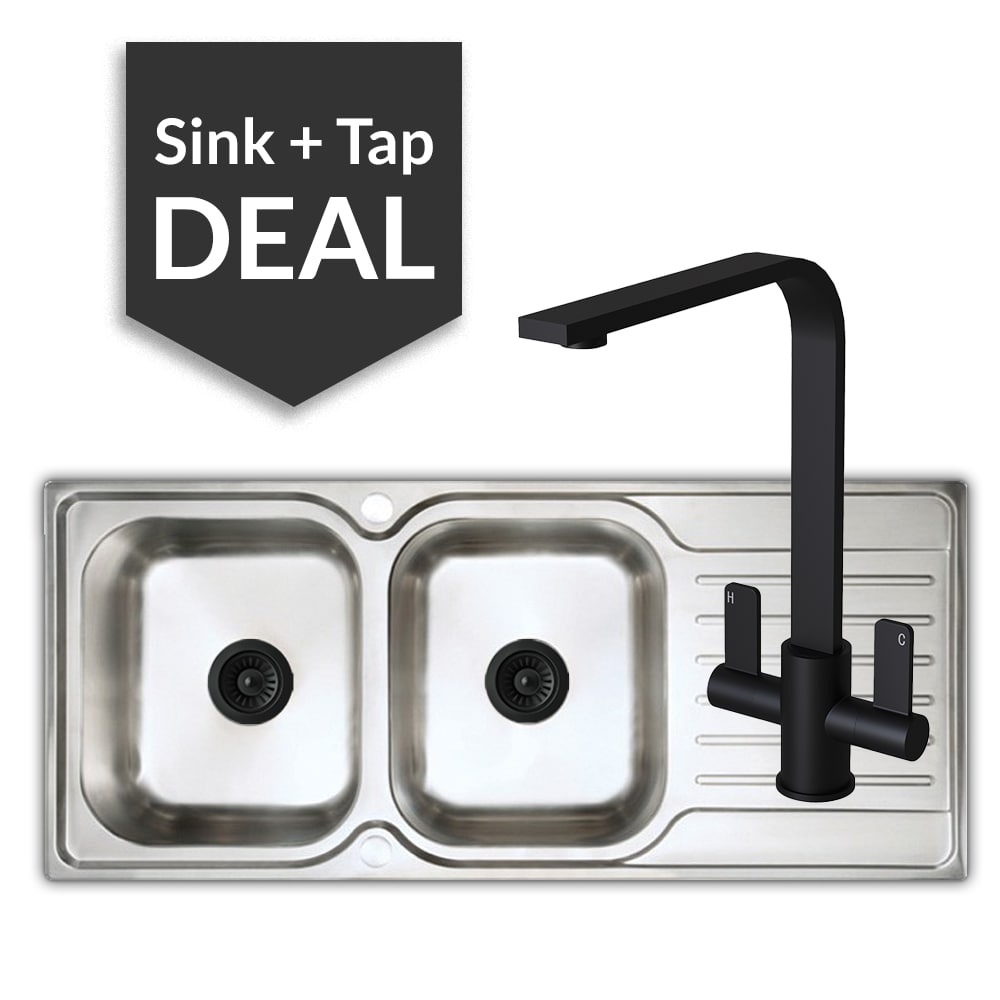 Premium Stainless Steel 2 Bowl Sink & Mesa Matte Black Tap Pack