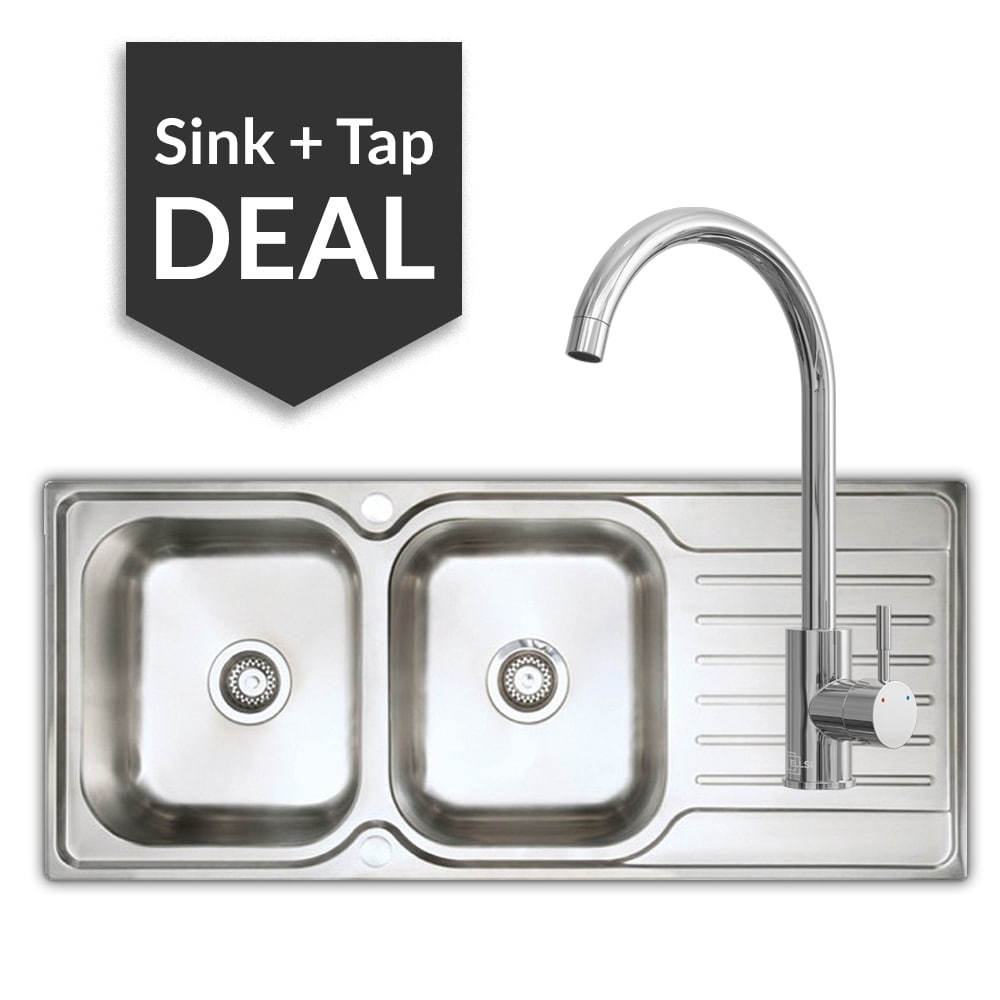 Premium Stainless Steel 2 Bowl Sink & Varone Chrome Tap Pack