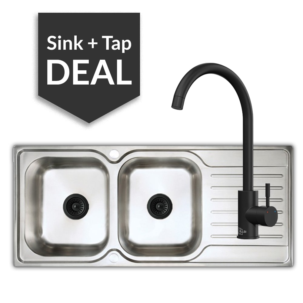 Premium Stainless Steel 2 Bowl Sink & Varone Matte Black Tap Pack