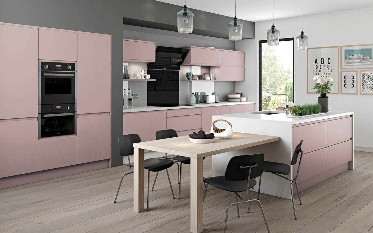 6 Pink Handleless J Pull Kitchens