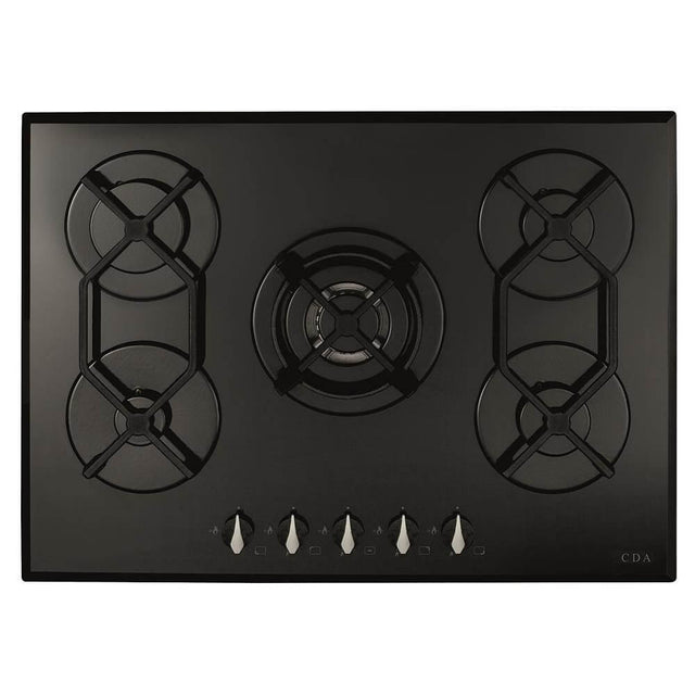 CDA HVG721BL 70cm 5 Ring Gas-on-Glass Hob, Cast Iron Supports, Black