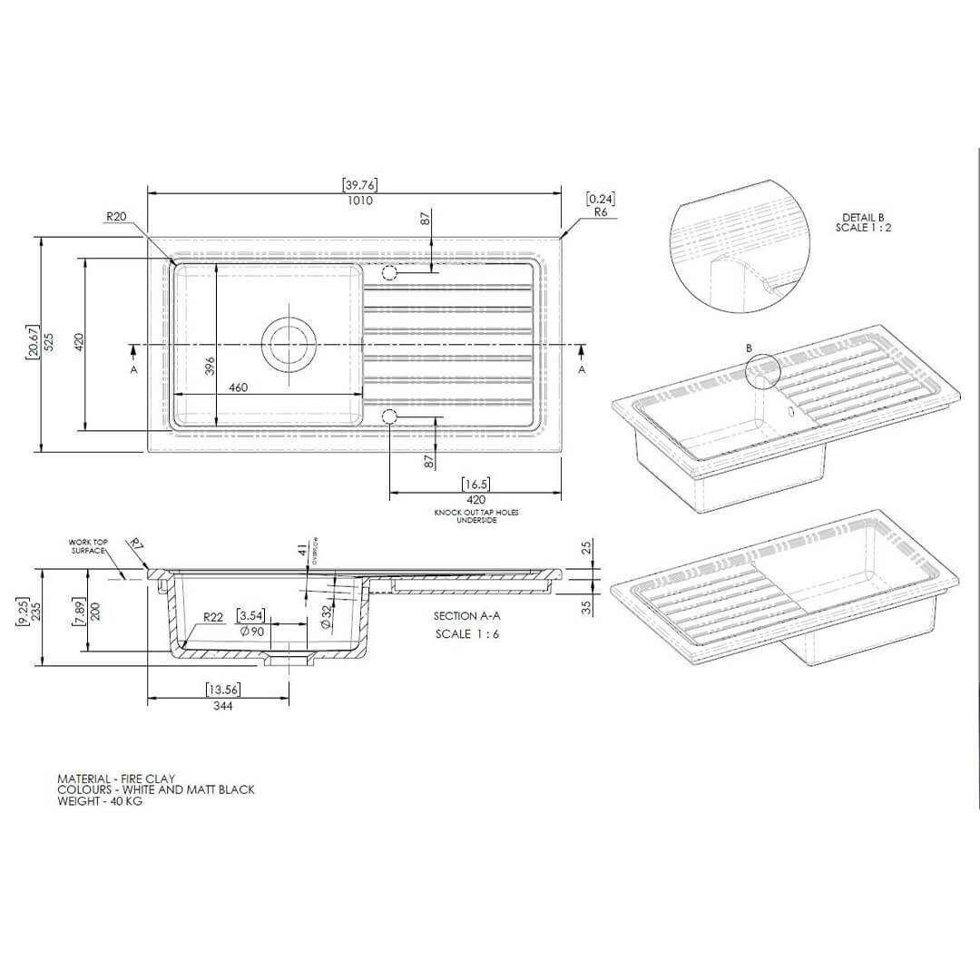 Reginox Single Bowl Black Ceramic Sink - 1000mm Wide