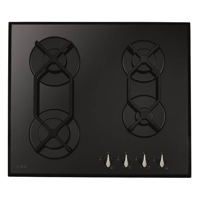 CDA HVG621BL 60cm 4 Ring Gas-on-Glass Hob, Cast Iron Supports, Black