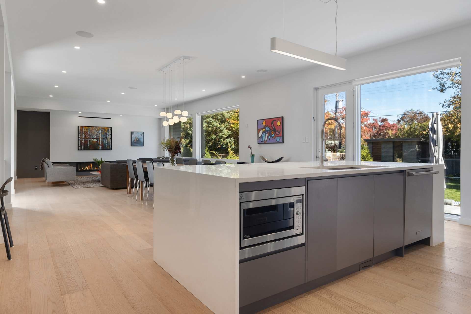 Microwave in a kitchen with a large island Microwave in a kitchen with a large island