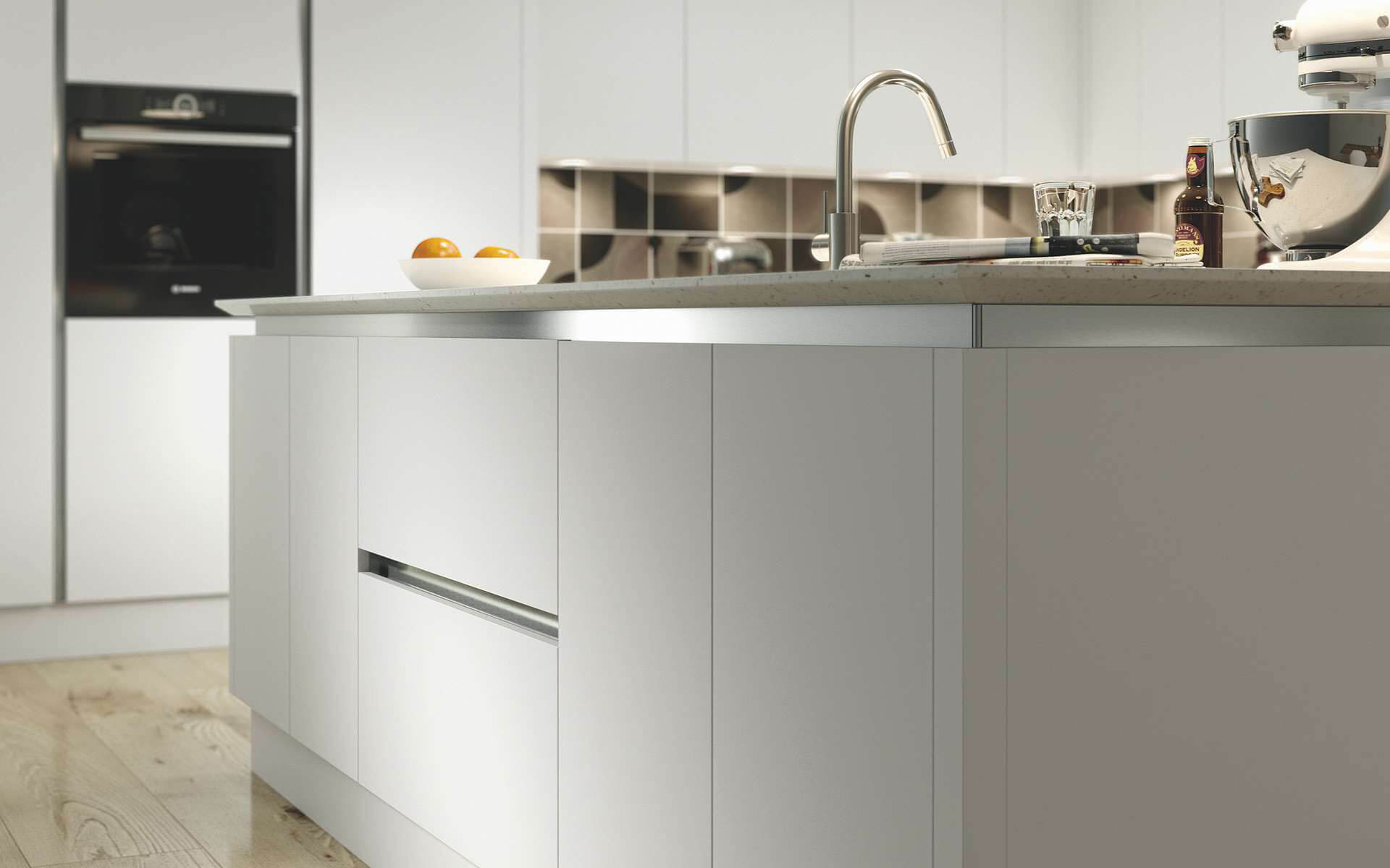 Kitchen Island in True Handleless with Shark Nose Worktop