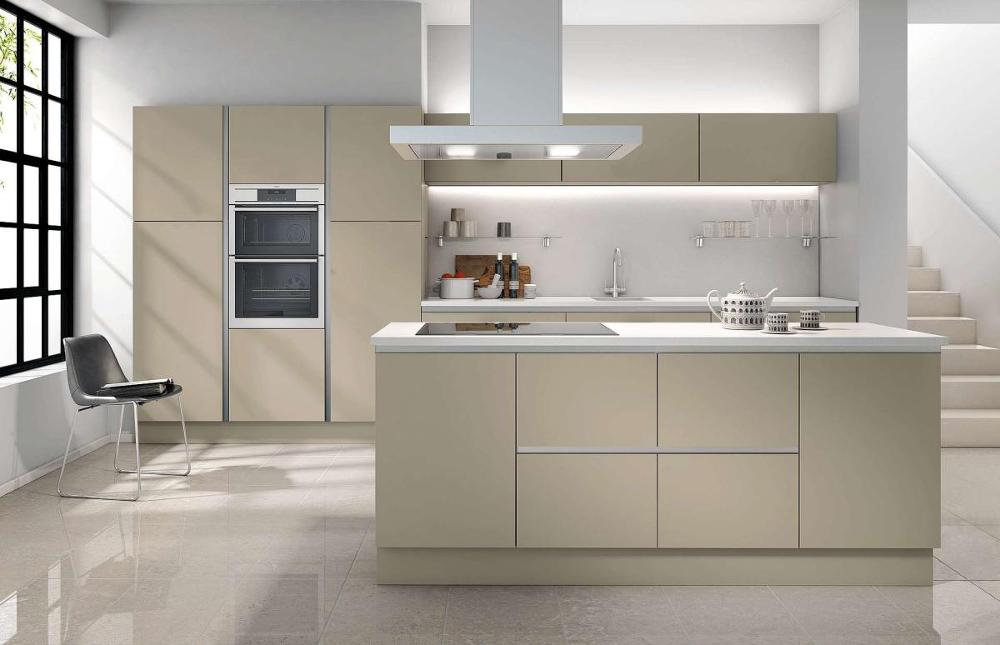 MFC flat slab door kitchen with island hob, white worktops, open glass shelves in Senza Dakar style