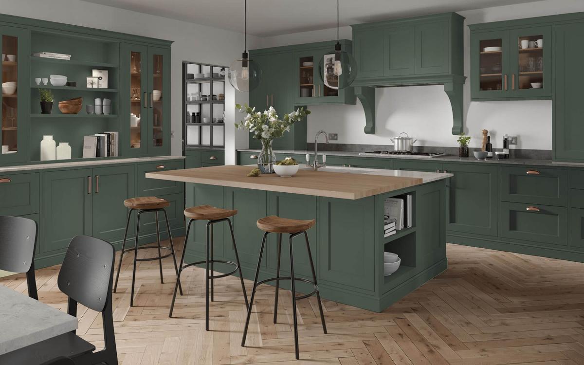 Portwood Moss Green Kitchen with Large Timber Breakfast Bar Feature and three Backless Bar Stools