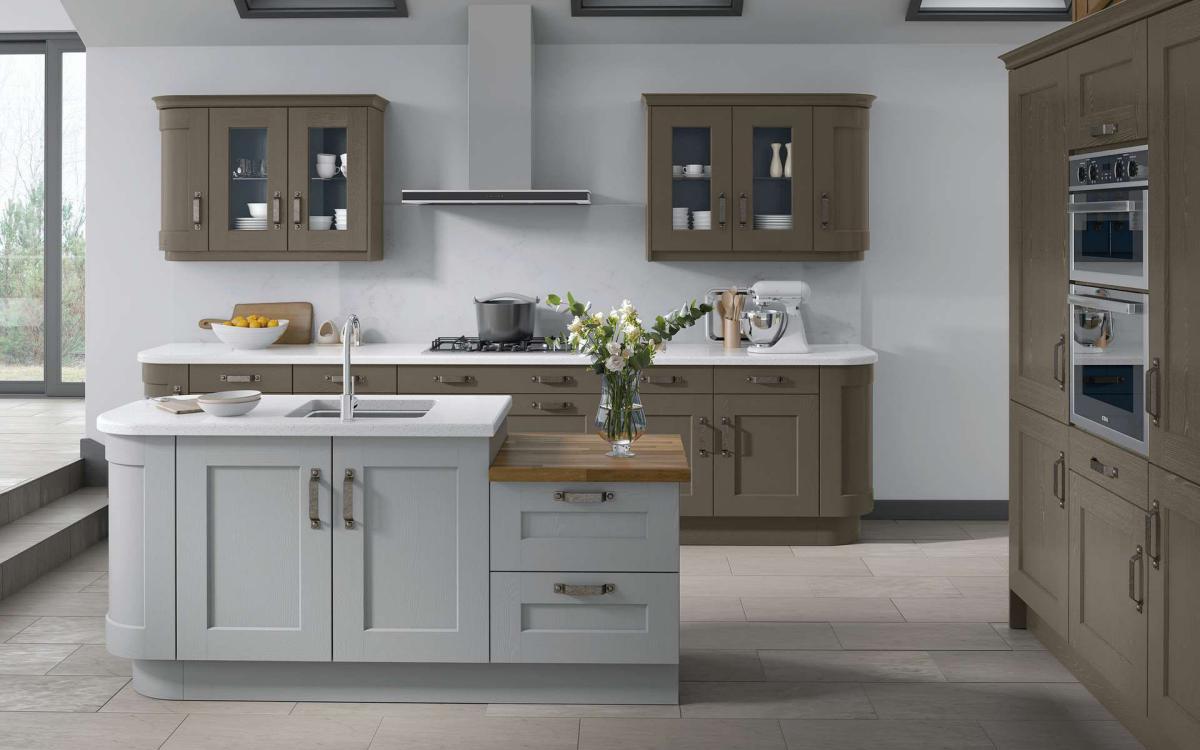 Wide framed timber painted door kitchen with light blue island doors in Burwood Stone Grey style