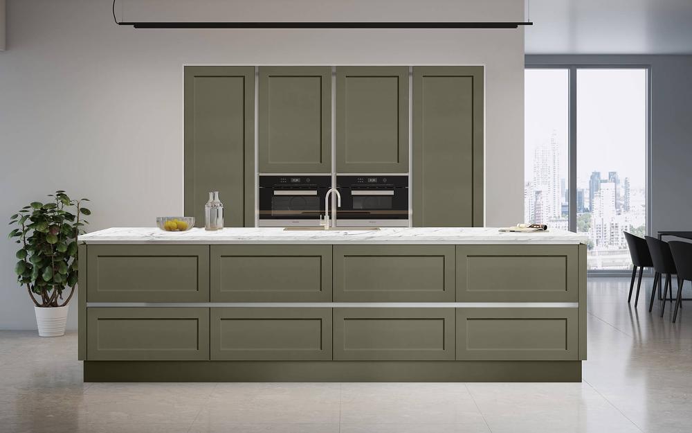 Easy to clean true handleless kitchen in reed green
