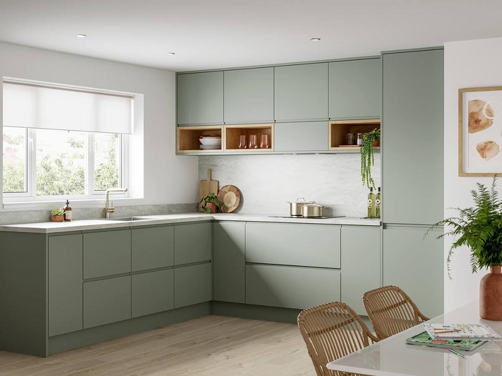 White Laminate Kitchen Worktop On Sage Green Kitchen