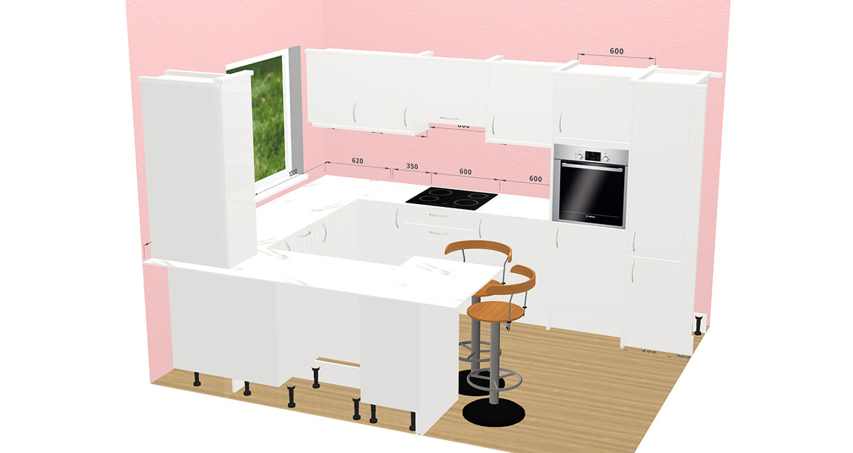 White Grey St Ives style Kitchen designed with a small but clever peninsular seating area.
