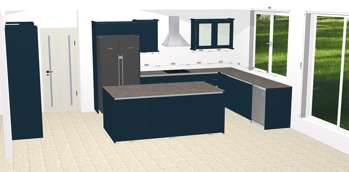 Indigo Blue True Handleless  Open Plan Kitchen designed with an Island and a USA Fridge Freezer housing