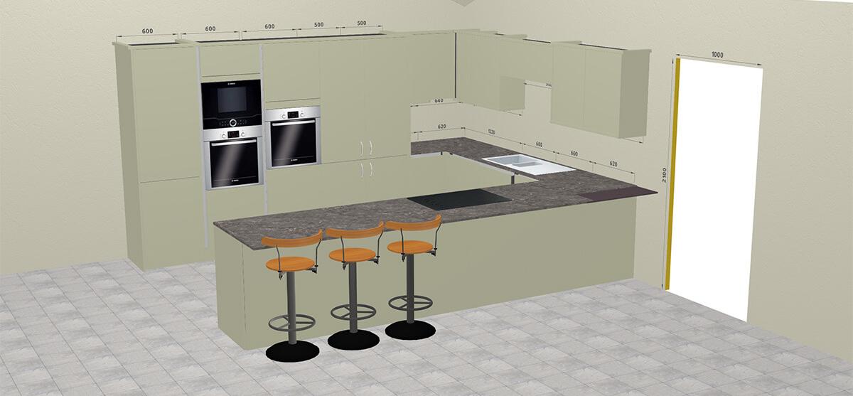 Sage Green True Handleless kitchen designed using the Better Kitchens 3D Online Kitchen Design Tool