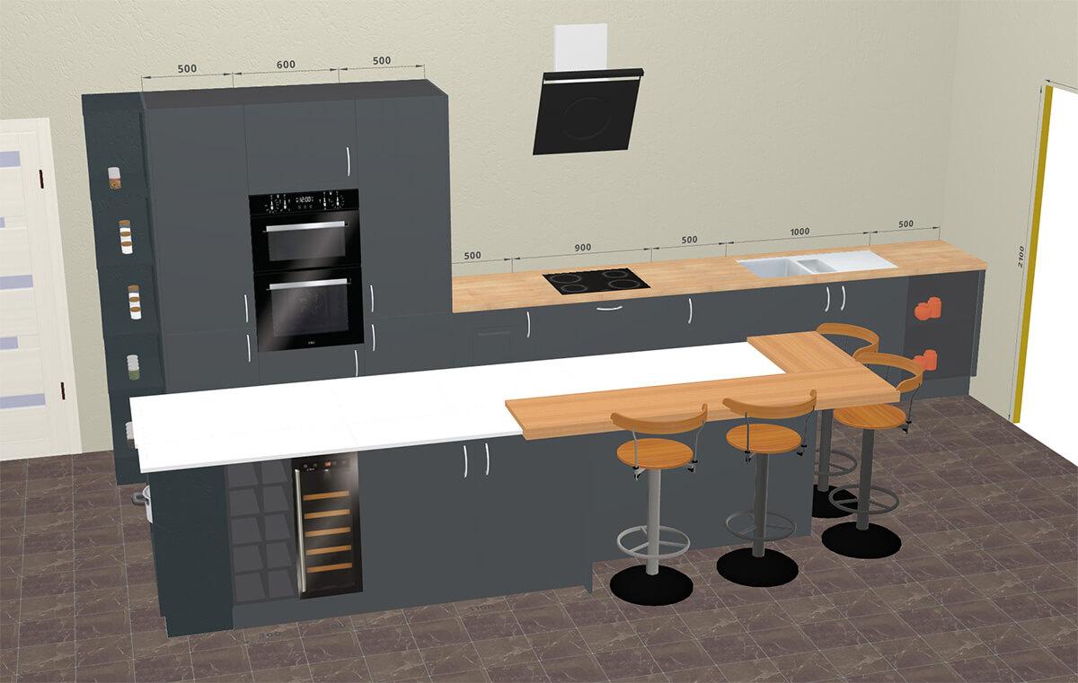 Graphite Grey Kitchen designed with a large Island and raised solid wood breakfast bar seating corner